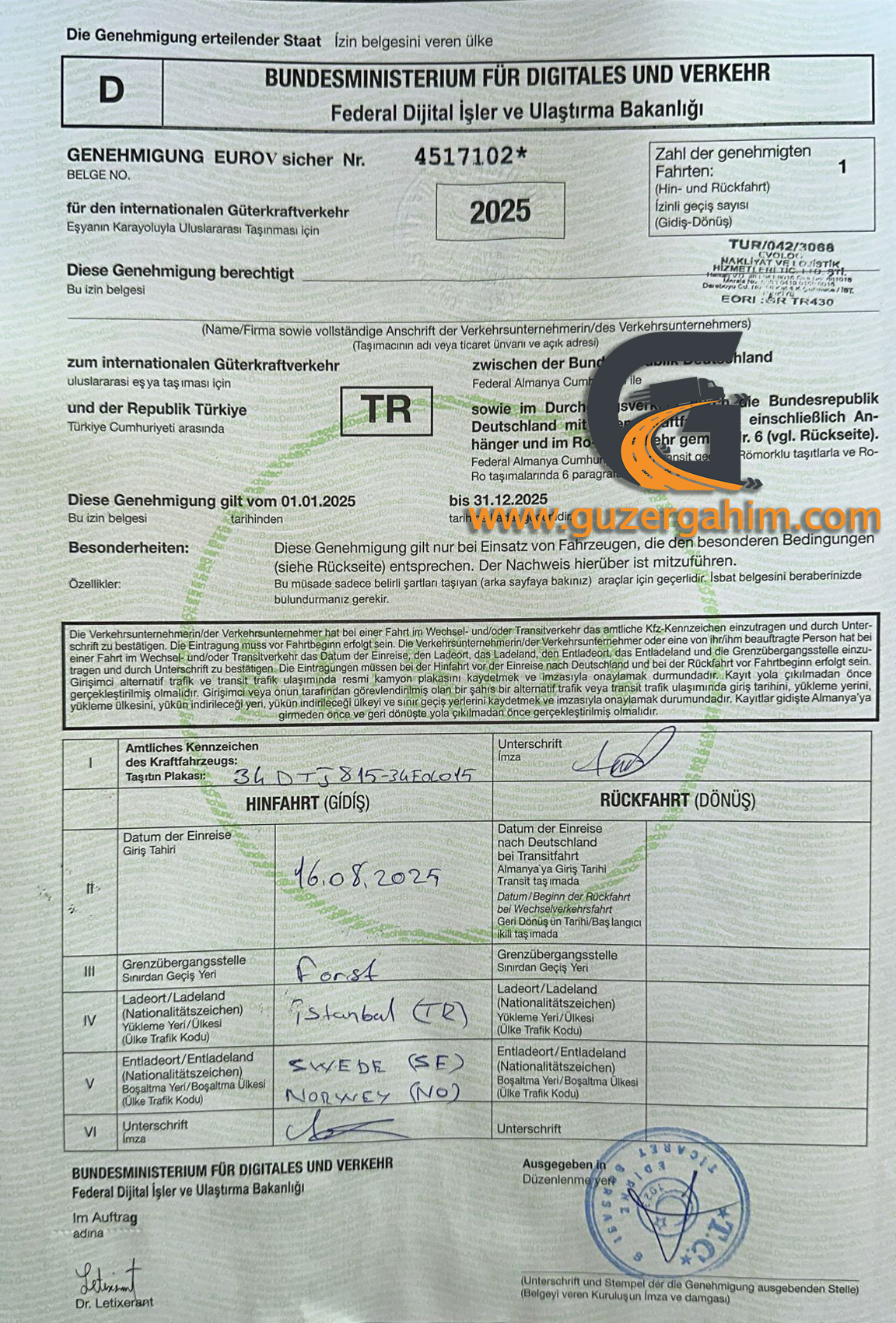 Almanya Transit Türkiye Dozvolası Örneği