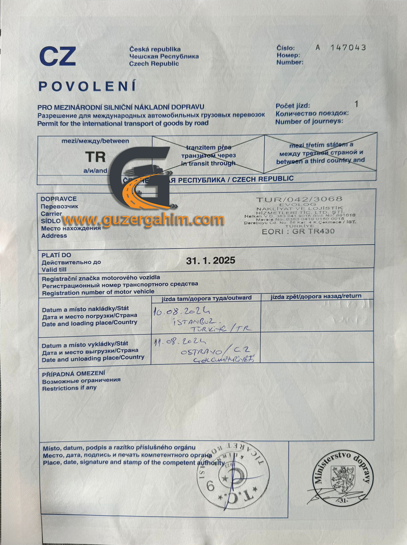 Çek Cumhuriyeti Transit Türkiye Dozvolası Örneği