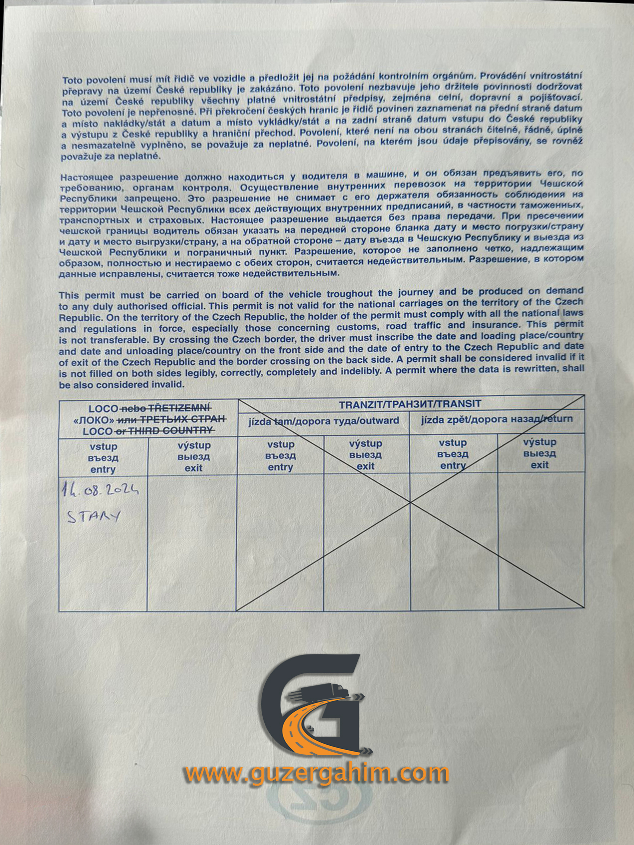 Çek Cumhuriyeti Transit Türkiye Dozvolası Örneği