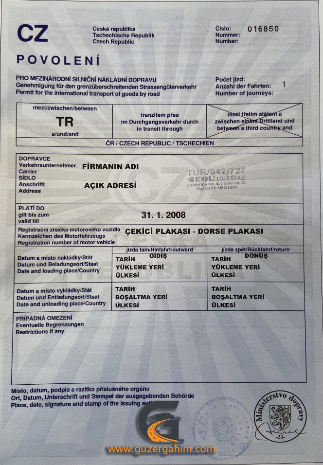 Çek Cumhuriyeti Transit Türkiye Dozvolası Örneği