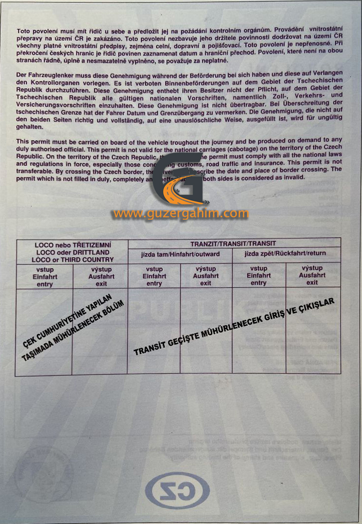 Çek Cumhuriyeti Transit Türkiye Dozvolası Örneği