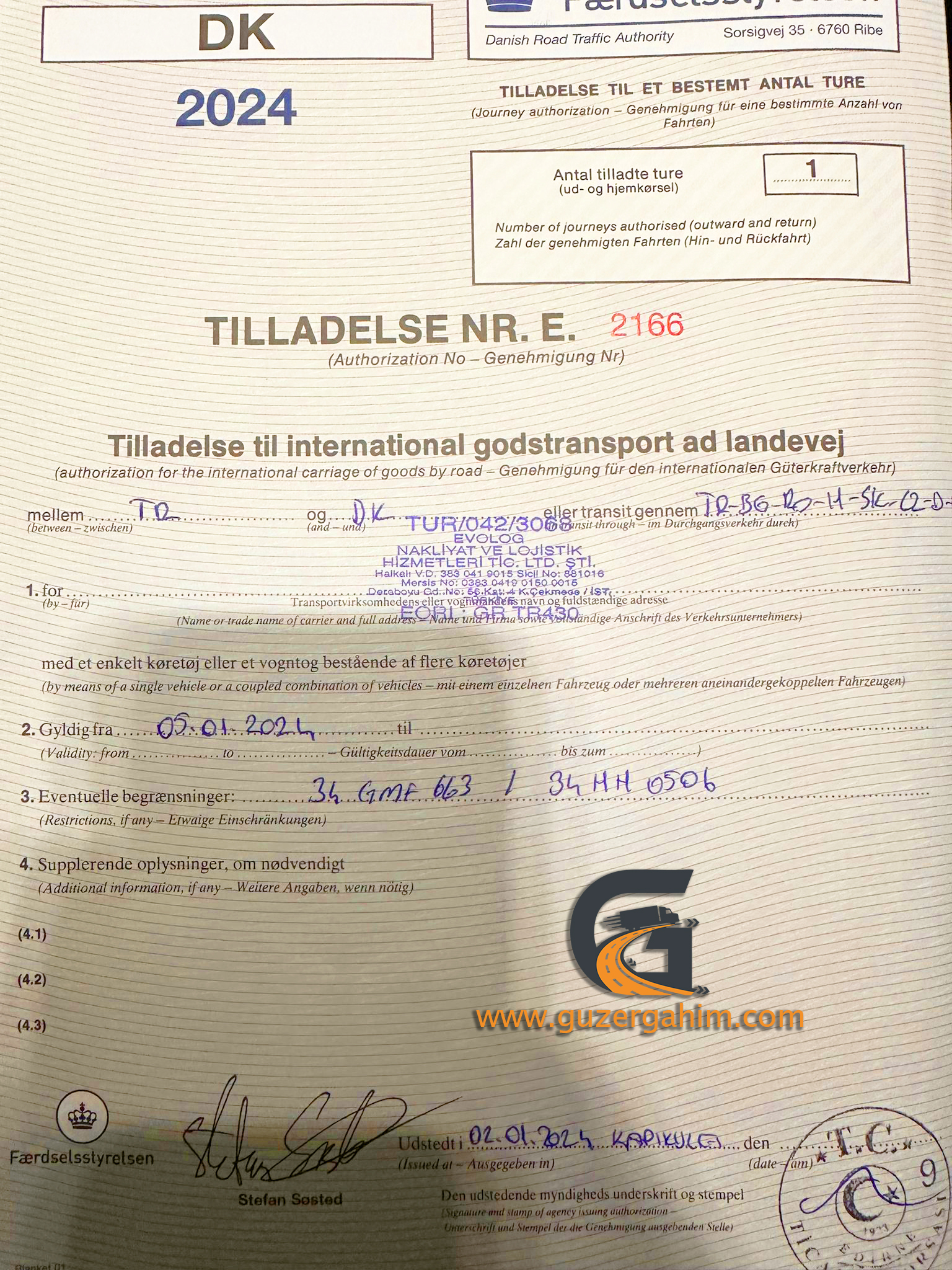 Danimarka Transit Türkiye Dozvolası Örneği