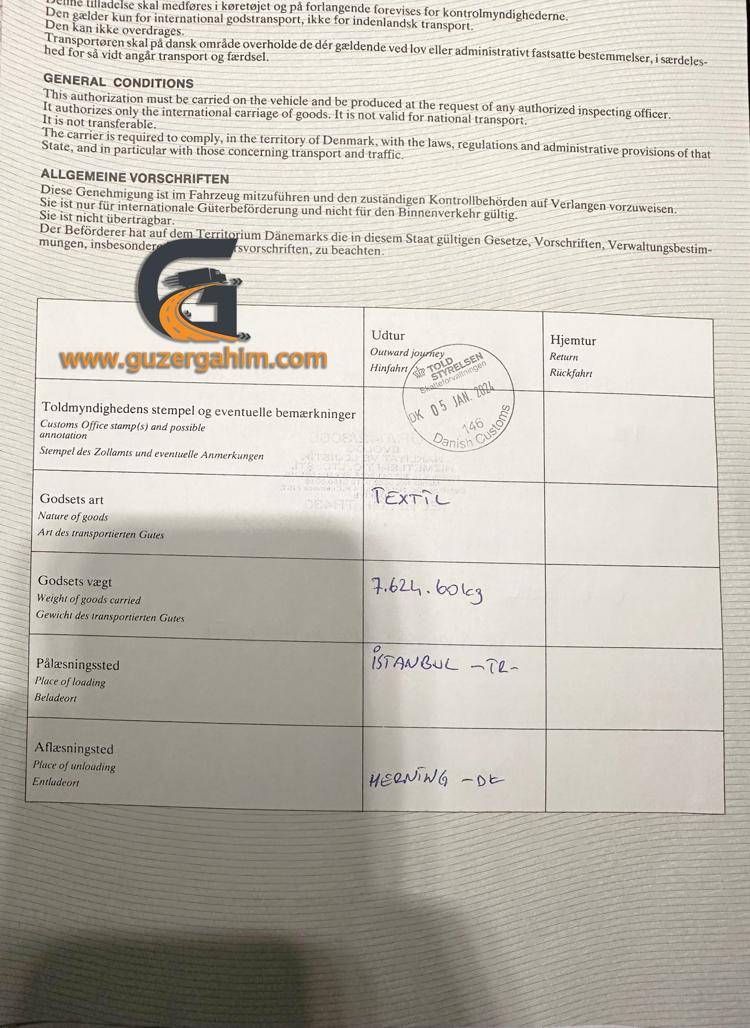 Danimarka Transit Türkiye Dozvolası Örneği