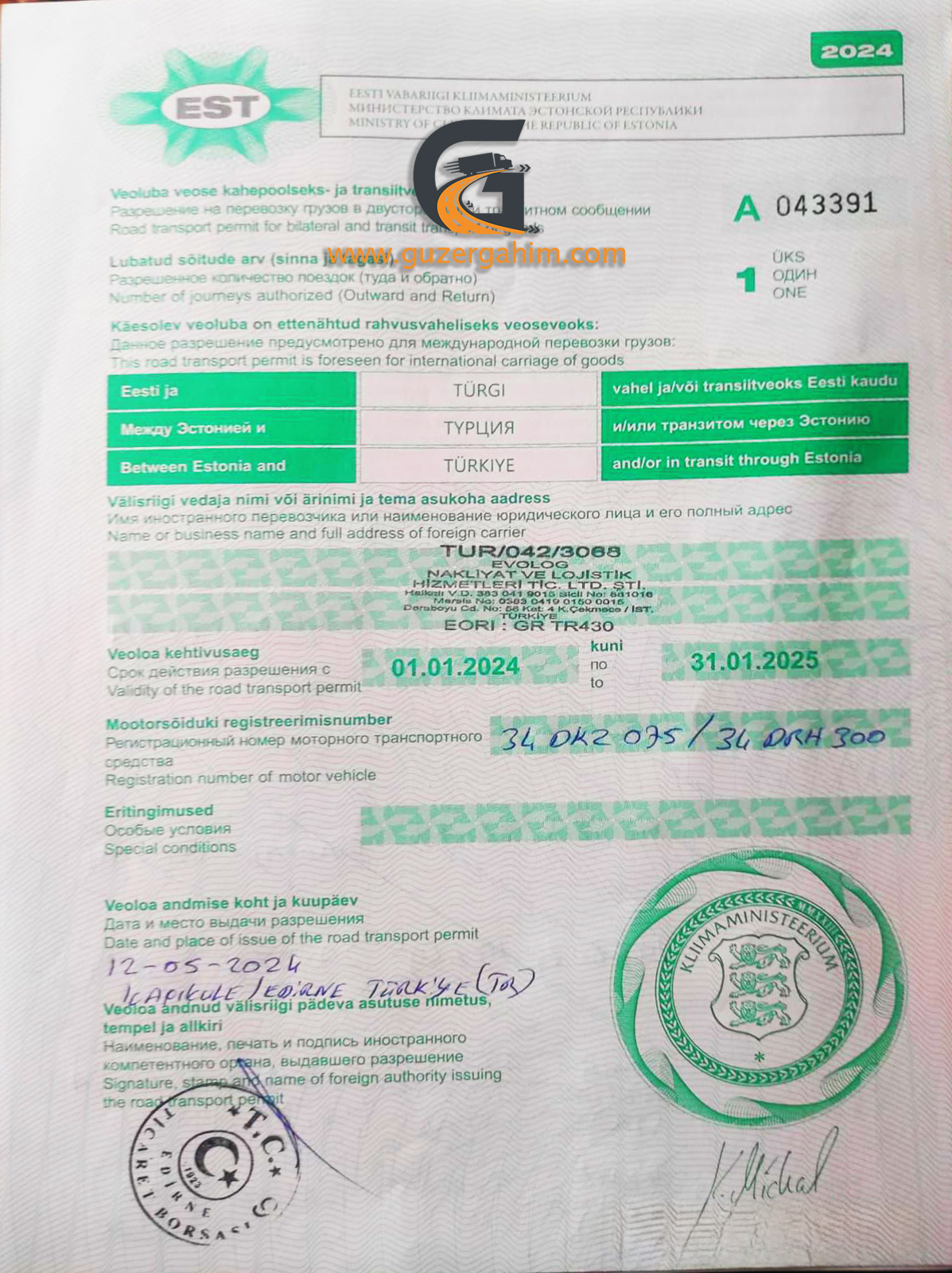 Estonya Transit Türkiye Dozvolası Örneği