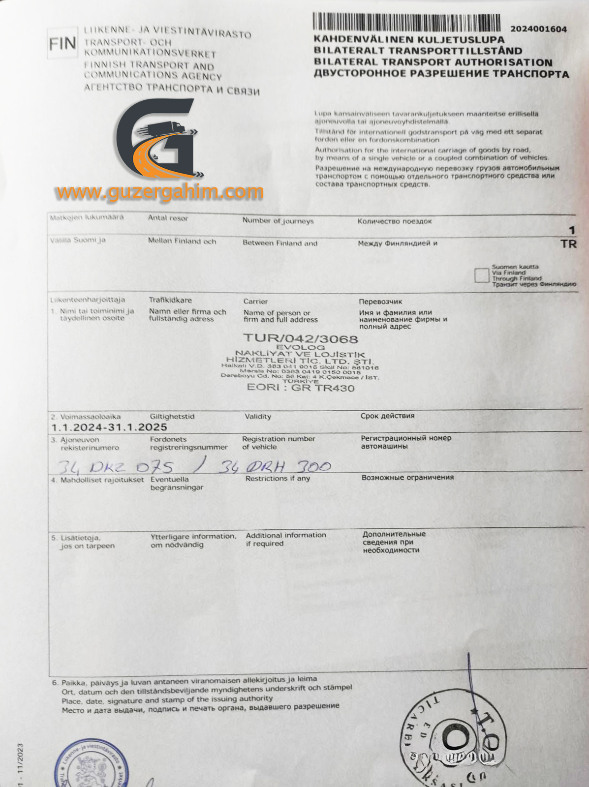 Finlandiya Transit Türkiye Dozvolası Örneği