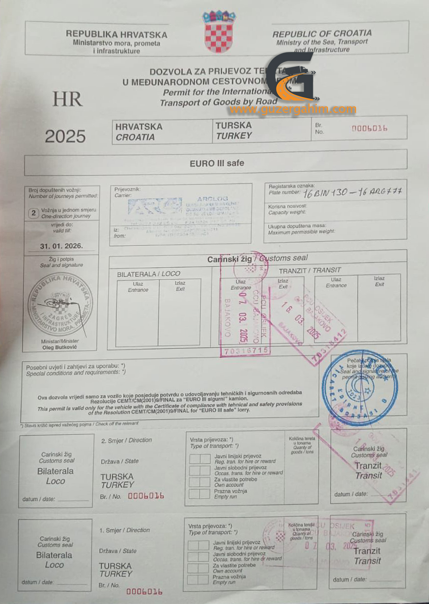 Hırvatistan Transit Türkiye Dozvolası Örneği