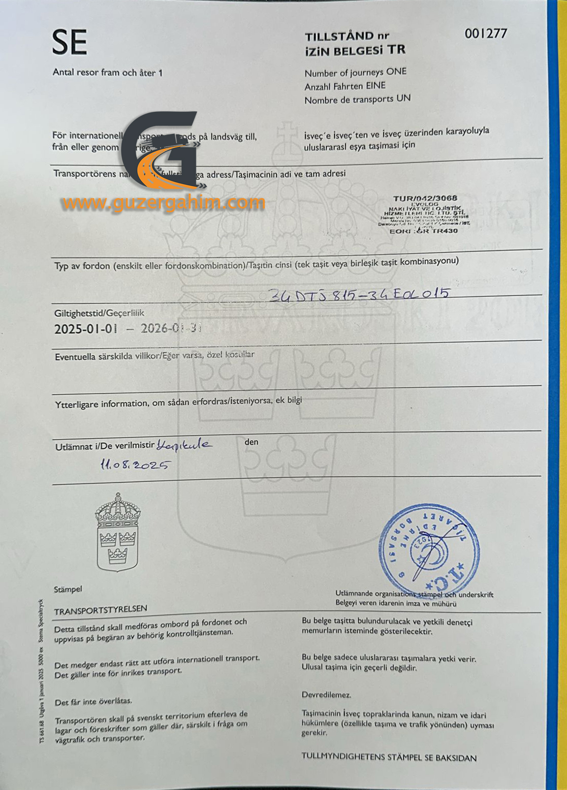 İsveç Transit Türkiye Dozvolası Örneği