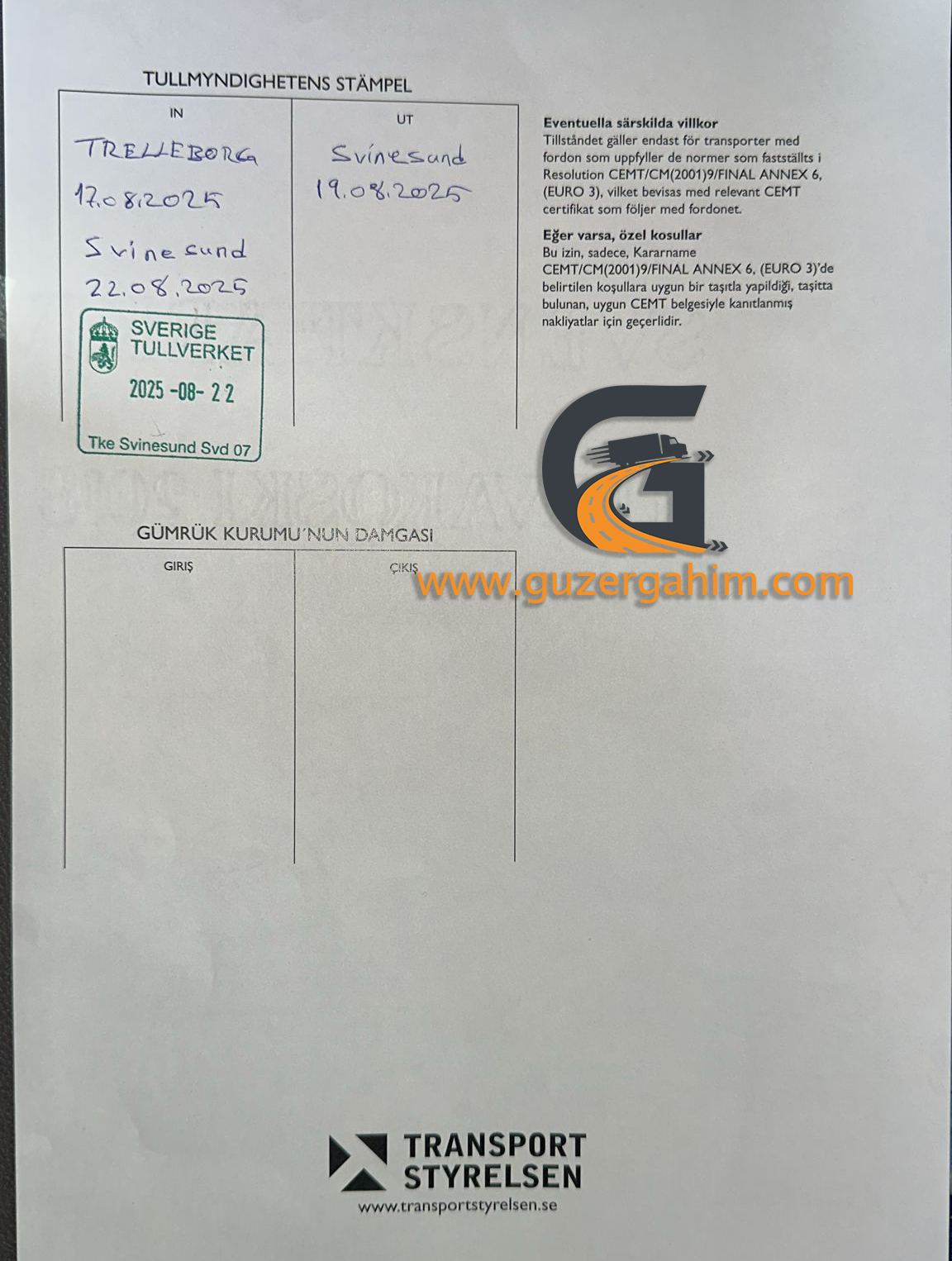 İsveç Transit Türkiye Dozvolası Örneği