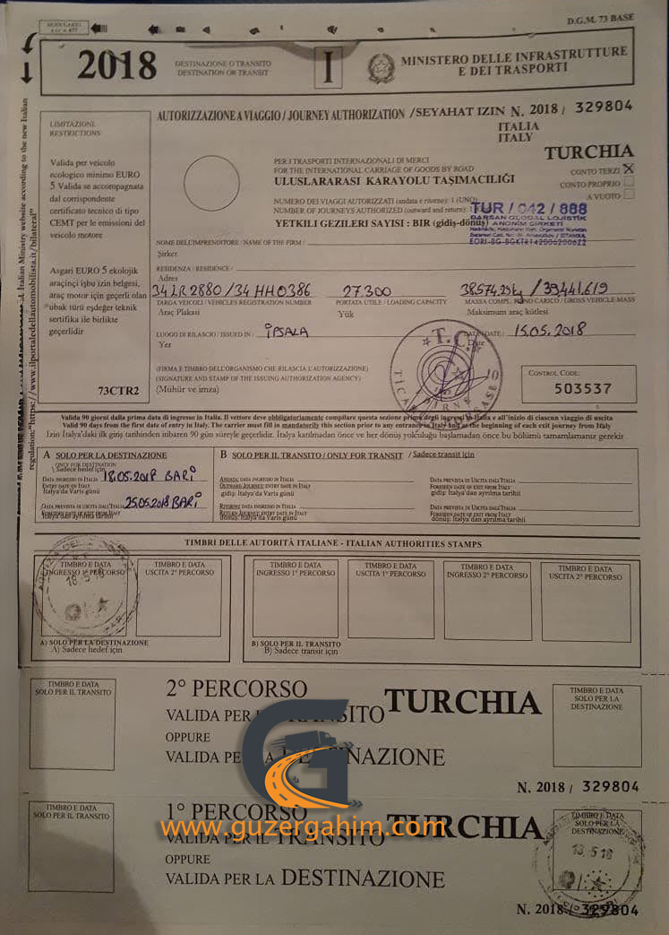 İtalya Transit Türkiye Dozvolası Örneği
