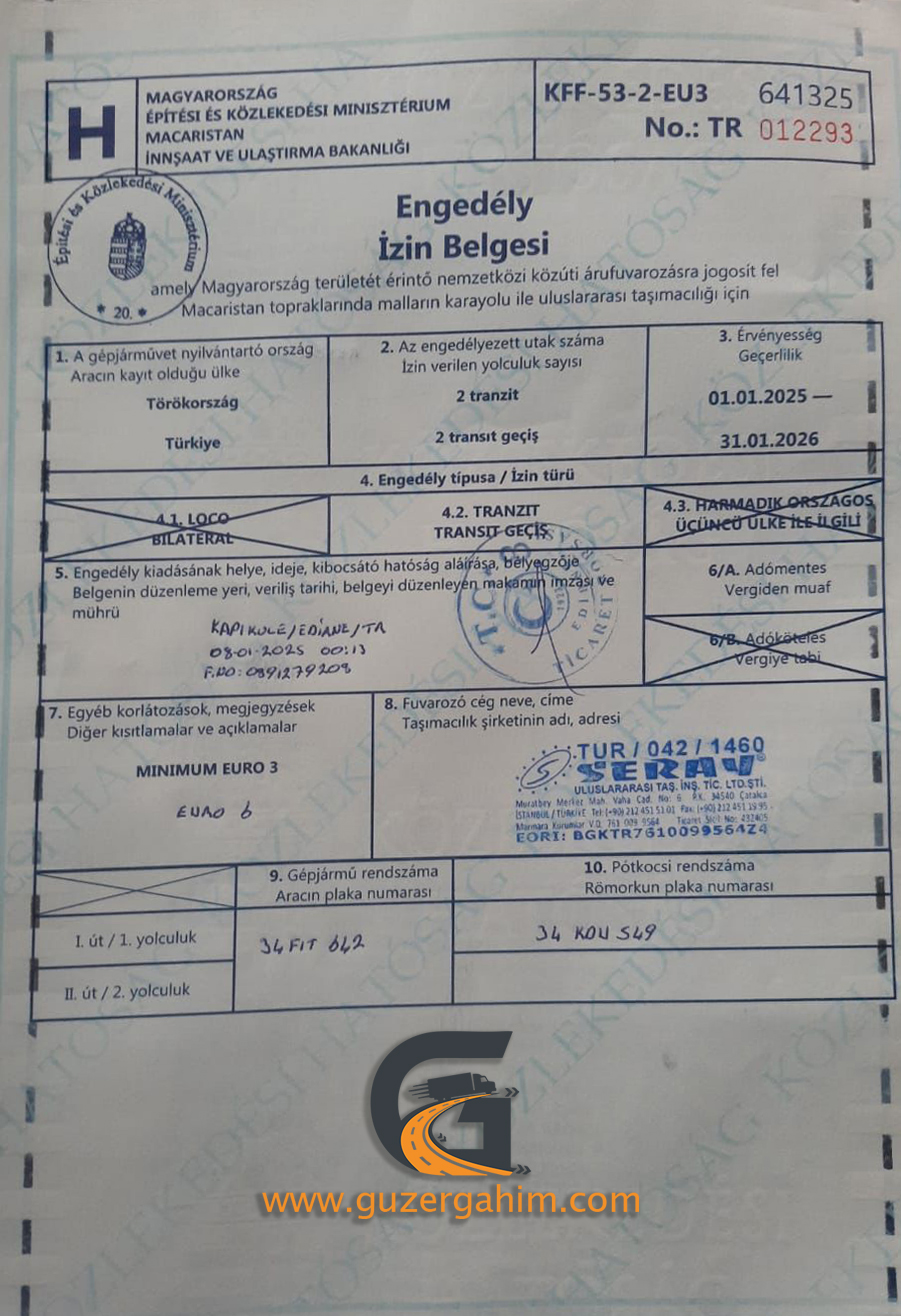 Macaristan Transit Türkiye Dozvolası Örneği