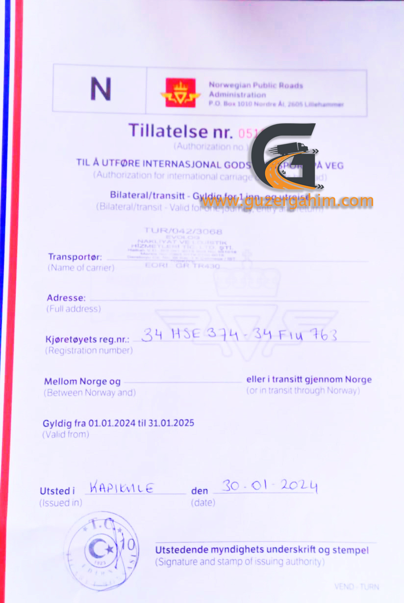 Norveç Transit Türkiye Dozvolası Örneği