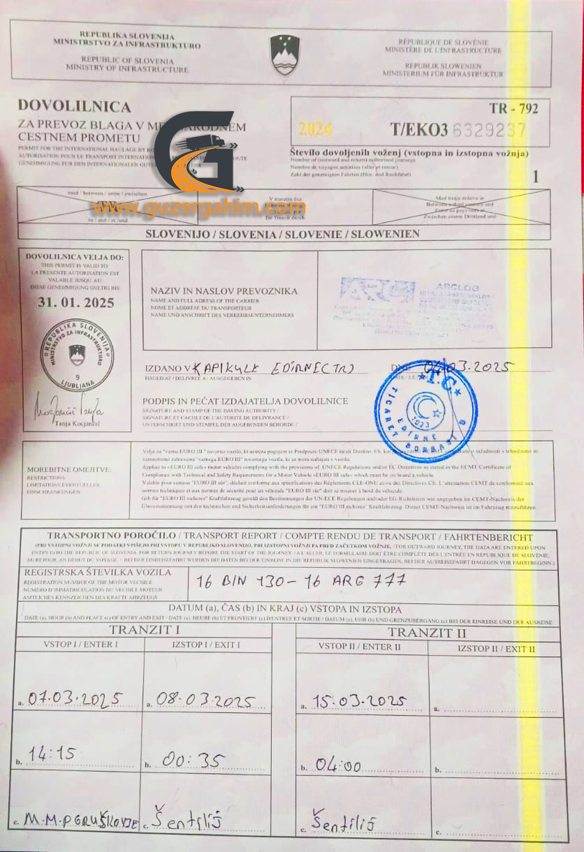 Slovenya Transit Türkiye Dozvolası Örneği